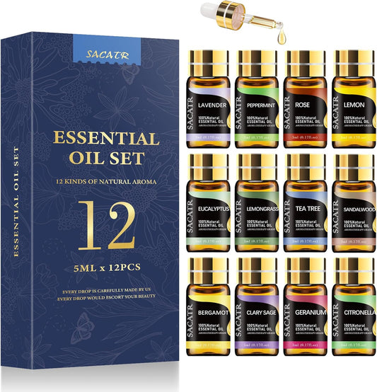 Essential Oils by  Natural Essential Oil Set -12 Essential Oils Gift Set for Diffuser, Massage, Fragrance Oil Scent for DIY Candle and Soap Making (12 * 5ML)