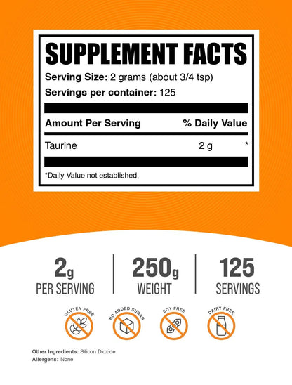 Bulksupplements Taurine Powder - Gluten Free, 2G per Serving - 500 Grams (1.1 Lbs) - 250 Servings