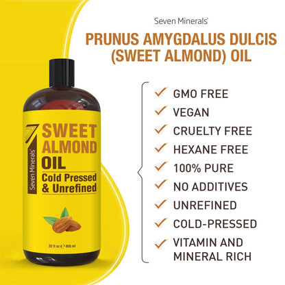 , Pure Cold Pressed Sweet Almond Oil - Big 32 Fl Oz Bottle - Unrefined &100% Natural - for Skin & Hair, with No Added Ingredients - Perfect Carrier Oil for Essential Oils