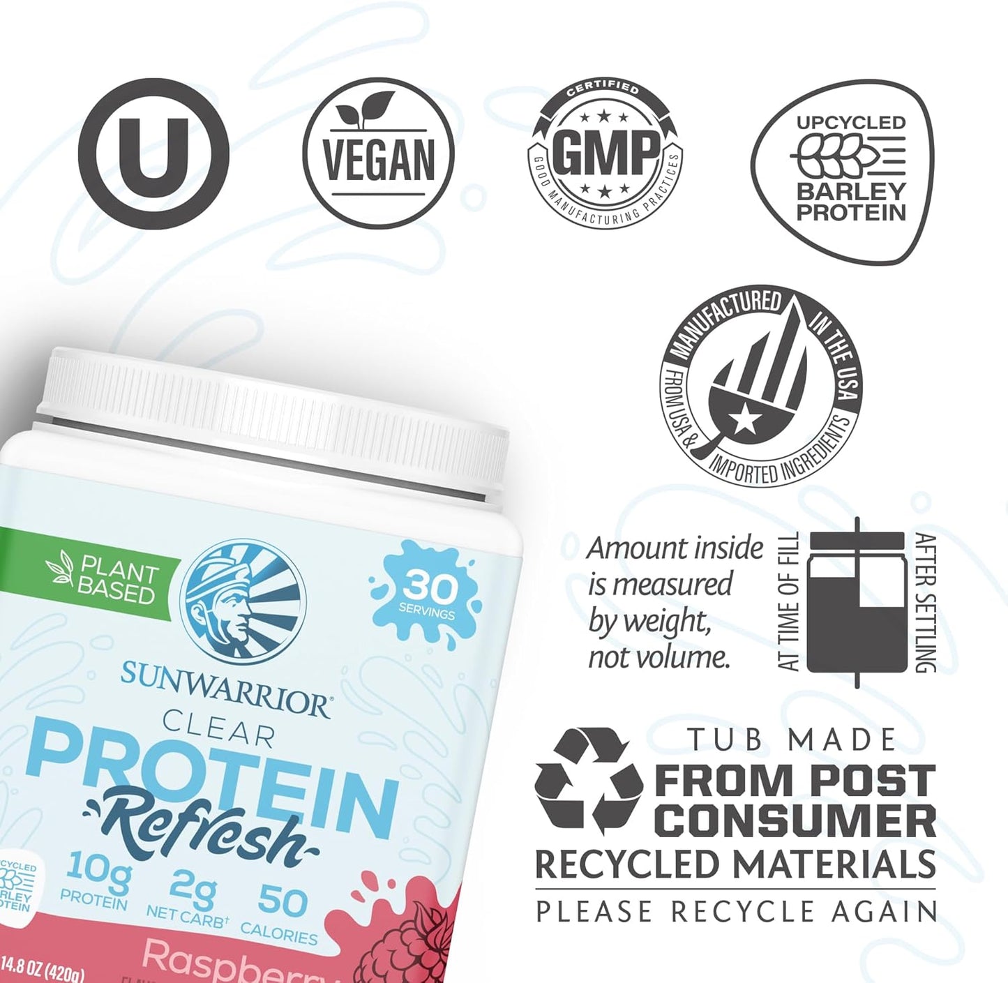 Clear Protein Powder Plant-Based Protein Water Mix, Vegan Protein and Refreshing Hydration Powder Additive | 10G Protein per Serving | Raspberry Flavored | 420G Tub 30 Servings | Clear Protein Refresh